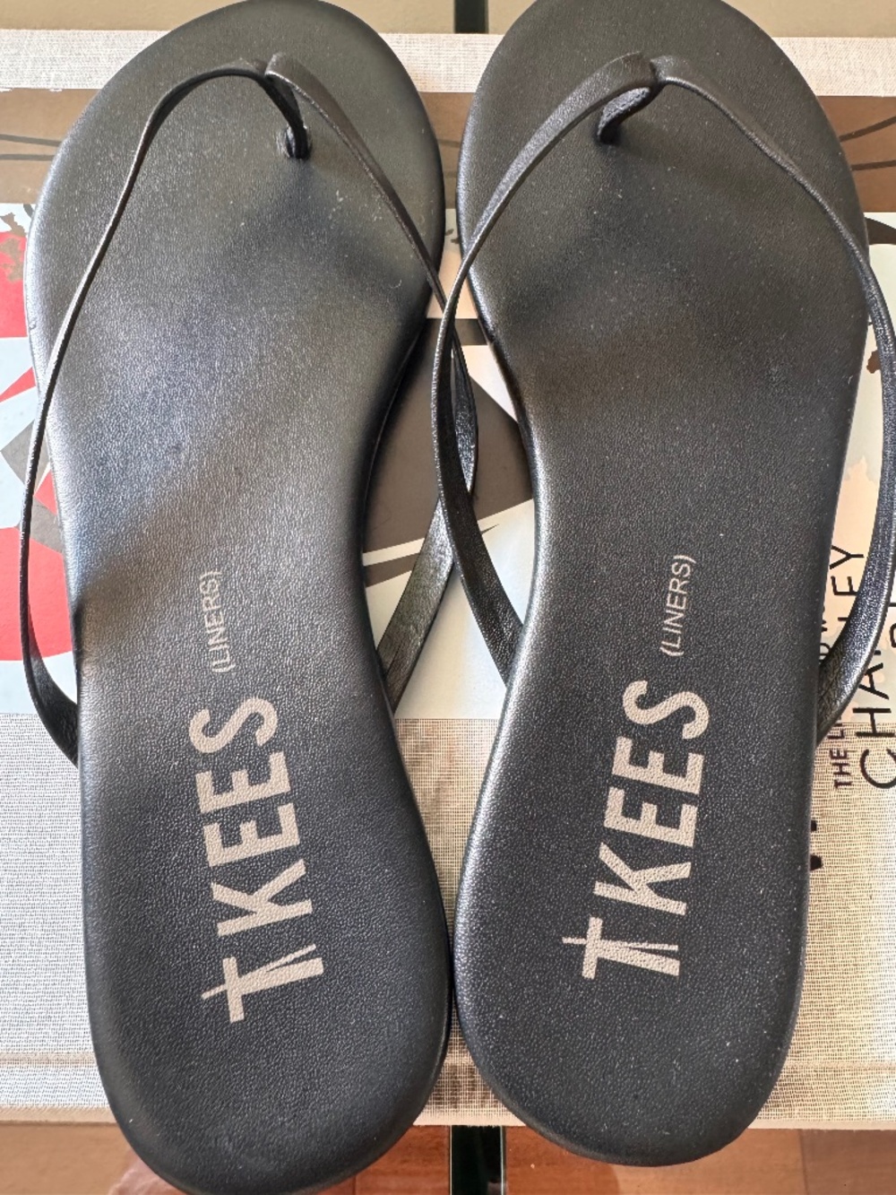 TKEES Black Leather Flip Flops | Minimalist Sandals | Size 8